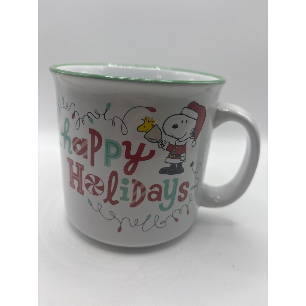 Peanuts Snoopy Woodstock Happy Holidays Ceramic Coffee Mug Green Rim Christmas